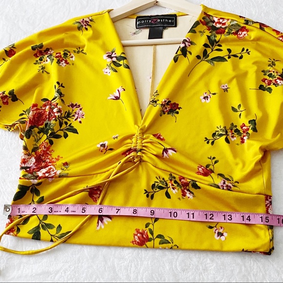 Gold Yellow Floral Drawstring Neckline Crop Top - Picture 6 of 8